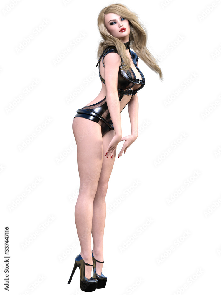Tall woman in extravagant sexy latex body suite. Tall woman in extravagant sexy latex body suite.