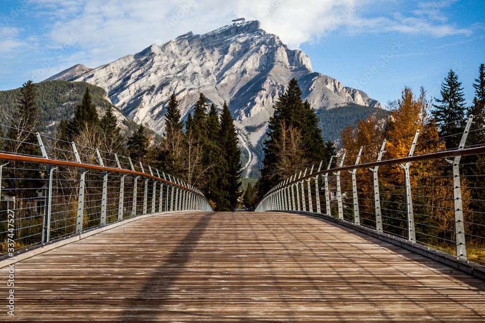 footbridge leading to mount cascade, banff national park, alberta, canada - obrazy, fototapety, plakaty 