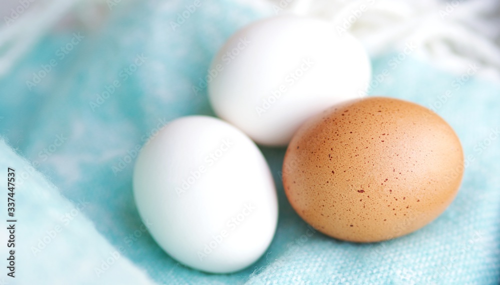 Easter uncolored white and brown eggs on a light blue background with flowers decoration Easter uncolored white and brown eggs on a light blue background with flowers decoration