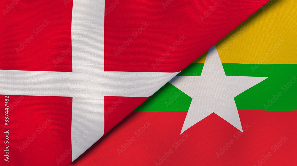 Fototapeta premium The flags of Denmark and Myanmar. News, reportage, business background. 3d illustration