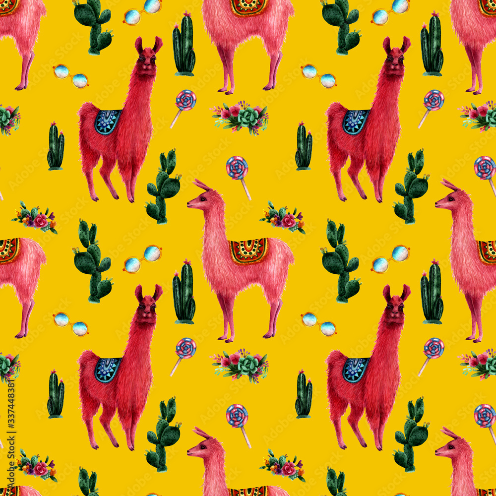Obraz premium Watercolor llamas seamless pattern
