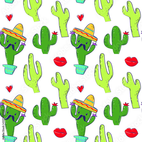 Hand-drawn vector seamless pattern with sombrero cacti and kiss