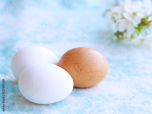 Easter uncolored white and brown eggs on a light blue background with flowers decoration