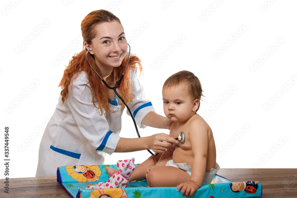 Young pediatrician with baby a over white background Young pediatrician with baby a over white background