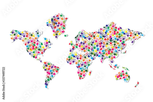 World map silhouette with rainbow hand prints on white background