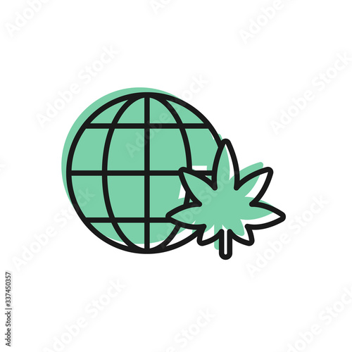 Black line Legalize marijuana or cannabis globe symbol icon isolated on white background. Hemp symbol.  Vector Illustration