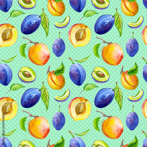 Plums and apricot seamless pattern with turquoise polka dot background, watercolor drawing, print for fabric and background for various designs.