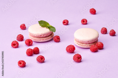 macaroon cookies with raspberries on a purple background
