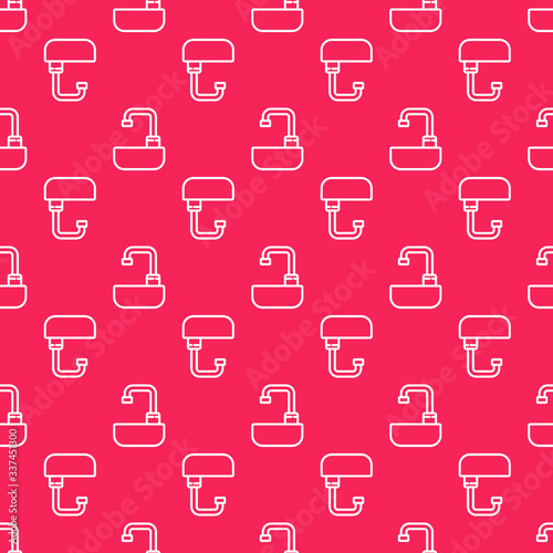 White line Washbasin with water tap icon isolated seamless pattern on red background.  Vector Illustration