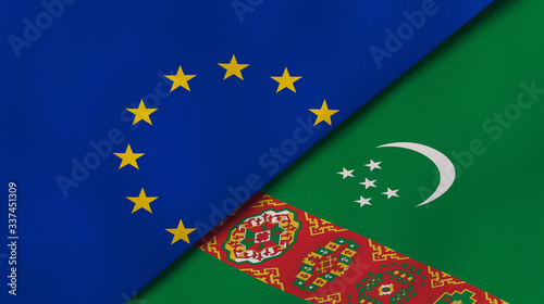 The flags of European Union and Turkmenistan. News, reportage, business background. 3d illustration photo