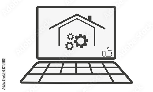 Flat and isolated illustration icon of working at home and thumb up