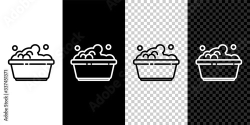 Set line Plastic basin with soap suds icon isolated on black and white background. Bowl with water. Washing clothes, cleaning equipment.  Vector Illustration