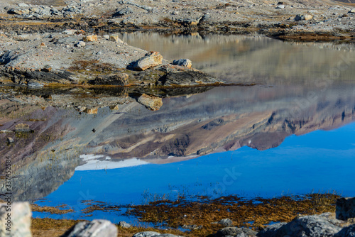 Greenland landscape with beautiful coloured rocks. Reflection in water.