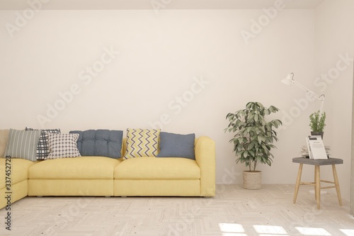 White living room with sofa. Scandinavian interior design. 3D illustration