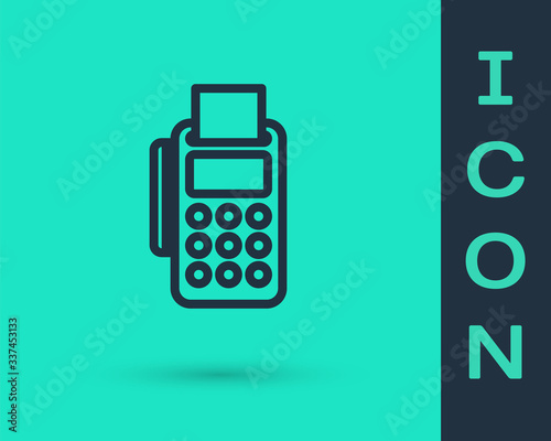 Black line POS terminal with inserted credit card and printed reciept icon isolated on green background. NFC payment concept.  Vector Illustration