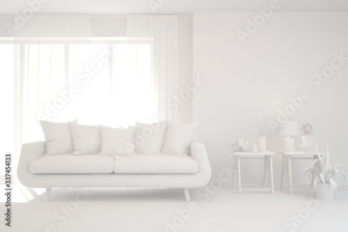 White minimalist living room with sofa. Scandinavian interior design. 3D illustration