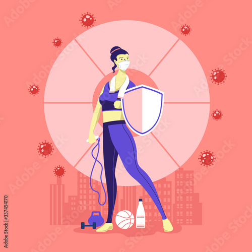 Sport woman protect and fight corona and covid-19 shielding