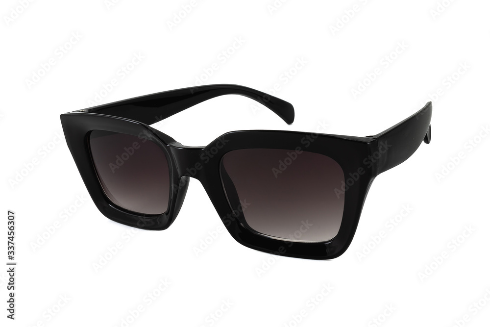Black wayfarer horn rimmed sunglasses for women isolated on white background, side view
