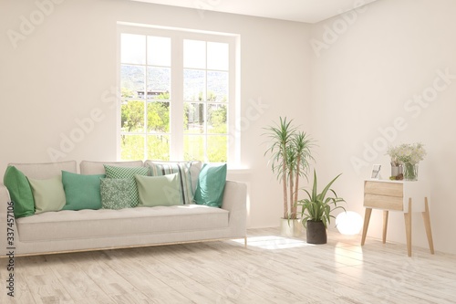 White living room with sofa. Scandinavian interior design. 3D illustration