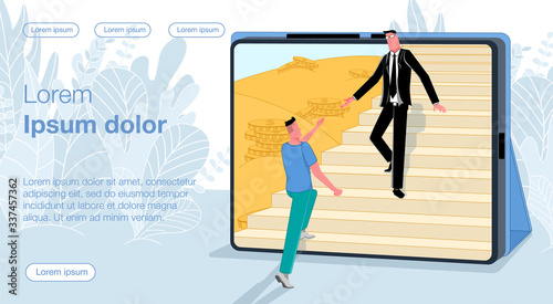 A man in a T-shirt pulls his hand to a man in a business suit, who is coming down the stairs leading to the phone. Gold and coins are visible in the background. Vector illustration of online business.