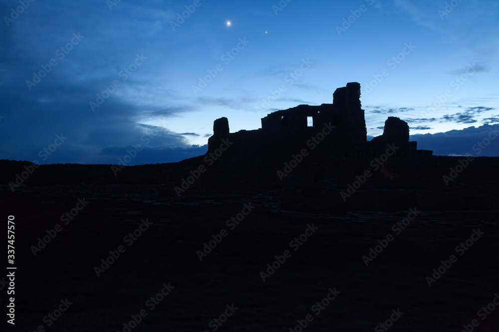 Silhouette of old mission under the night skys