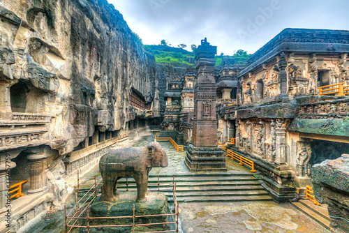 The wonder of Kailasa the Cave no. 16 of Ellora cave, a rock-cut monolithic temple. Ellora temple is religious complex with Buddhist, Hindu and Jain cave temples and monasteries, India