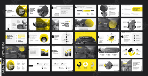 Presentation template, Yellow and black infographic elements on white background. Vector slide template for business project presentations and marketing.