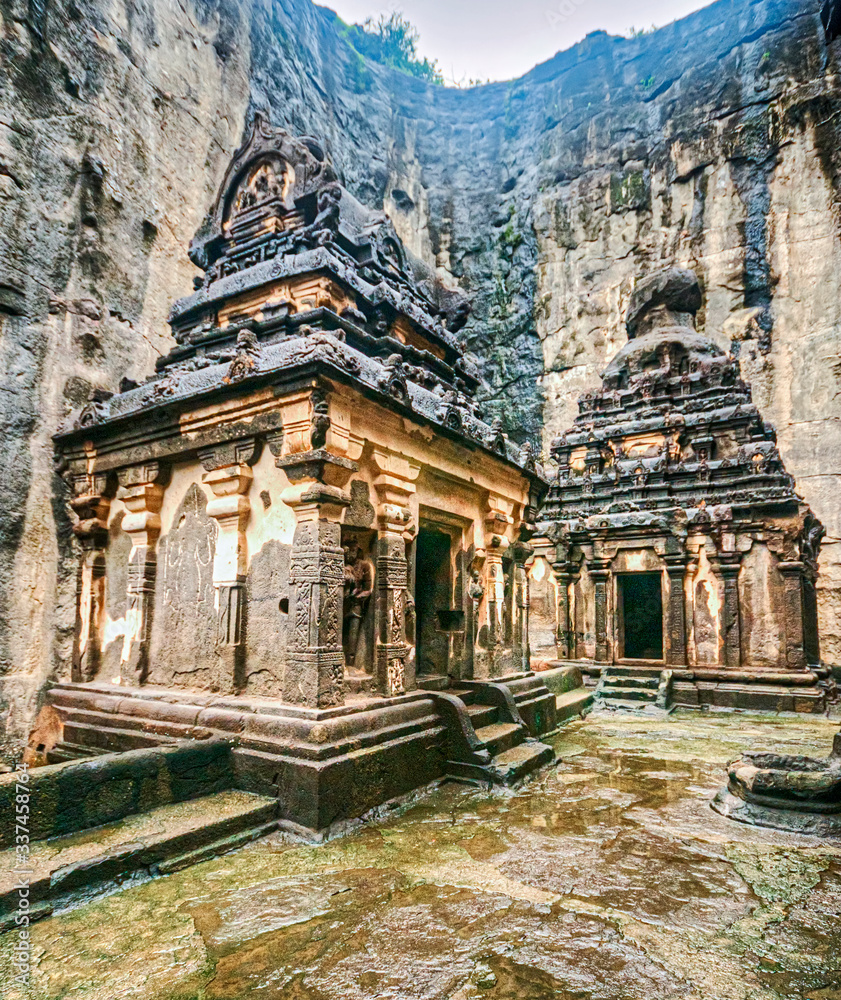 The wonder of Kailasa the Cave no. 16 of Ellora cave, a rock-cut monolithic temple. Ellora temple is religious complex with Buddhist, Hindu and Jain cave temples and monasteries, India