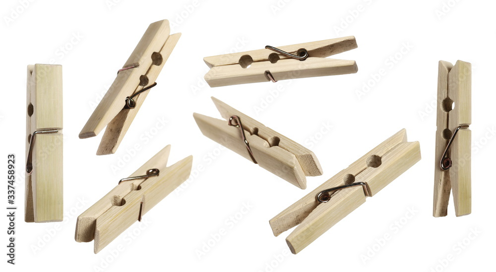 Set wooden clothespins, isolated on white background, clipping path