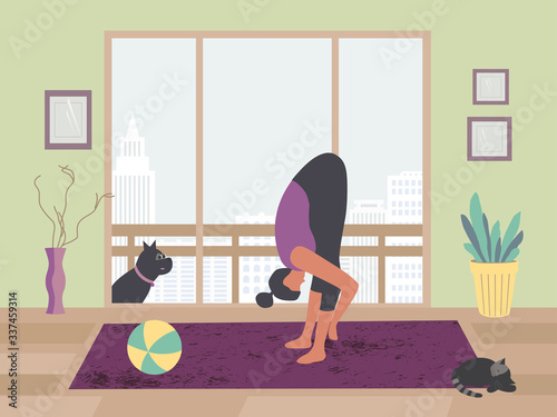 Young woman training yoga stay at home vector