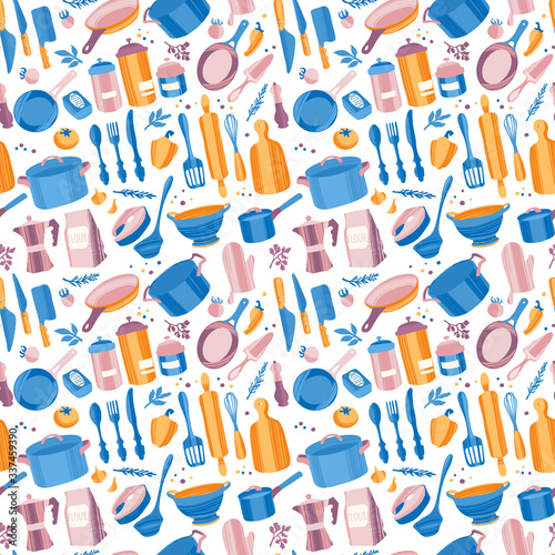 Kitchenware and utensils. Cooking flat hand drawn seamless pattern.