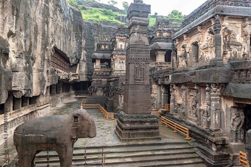 The wonder of Kailasa the Cave no. 16 of Ellora cave, a rock-cut monolithic temple. Ellora temple is religious complex with Buddhist, Hindu and Jain cave temples and monasteries, India