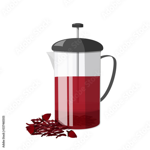 French press with red hibiscus tea inside. Realistic vector illustration isolated on white background.
