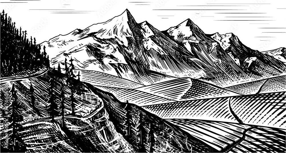 Mountain landscape background. Alpine peaks and forest. Vintage Mount. Travel concept. Hand drawn engraved sketch for outdoor posters, climbing banners, logo or badge. 
