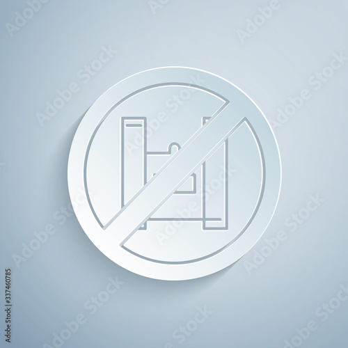 Paper cut Say no to plastic bags poster icon isolated on grey background. Disposable cellophane and polythene package prohibition sign. Paper art style. Vector Illustration