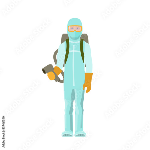 Man in protective medical suit with spray gun.