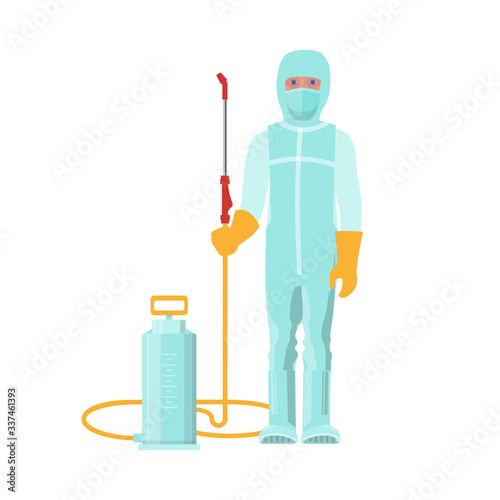 Man in protective medical suit with disinfecting sprayer.