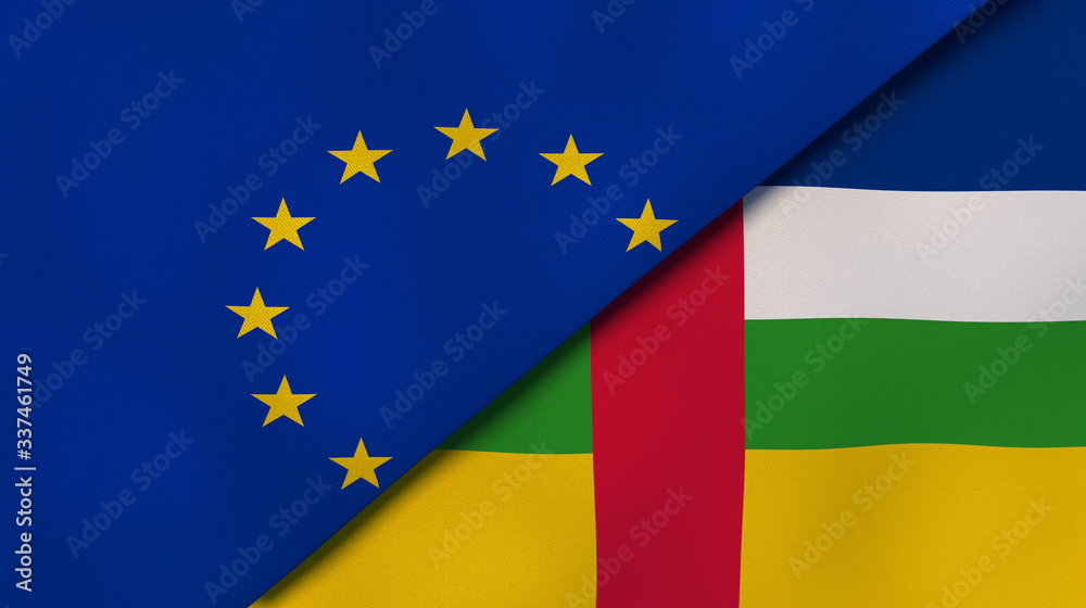 The flags of European Union and Central African Republic. News, reportage, business background. 3d illustration