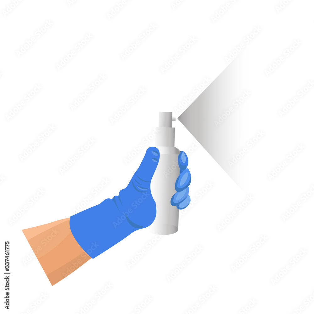 A hand in a rubber glove holds an aerosol spray can with bactericidal disinfectant A hand in a rubber glove holds an aerosol spray can with bactericidal disinfectant