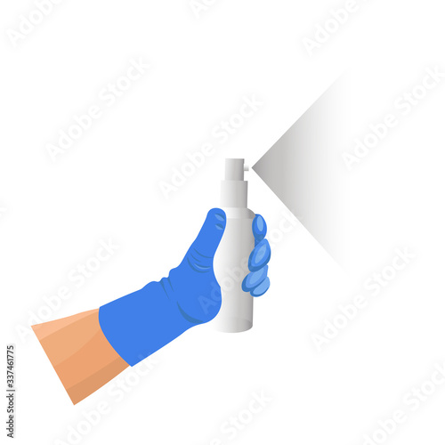 A hand in a rubber glove holds an aerosol spray can with bactericidal disinfectant