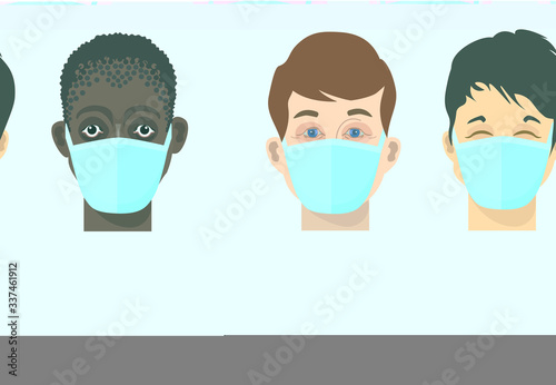 Faces of white, black and asian people of different nationalities in protective medical masks