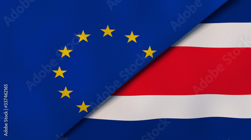 The flags of European Union and Costa Rica. News, reportage, business background. 3d illustration