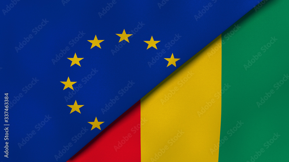 The flags of European Union and Guinea. News, reportage, business background. 3d illustration