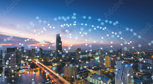 Wireless network technology and Connection concept  Network on city background