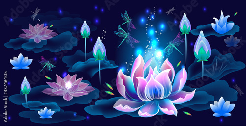 Background with Lotus flowers and dragonflies
