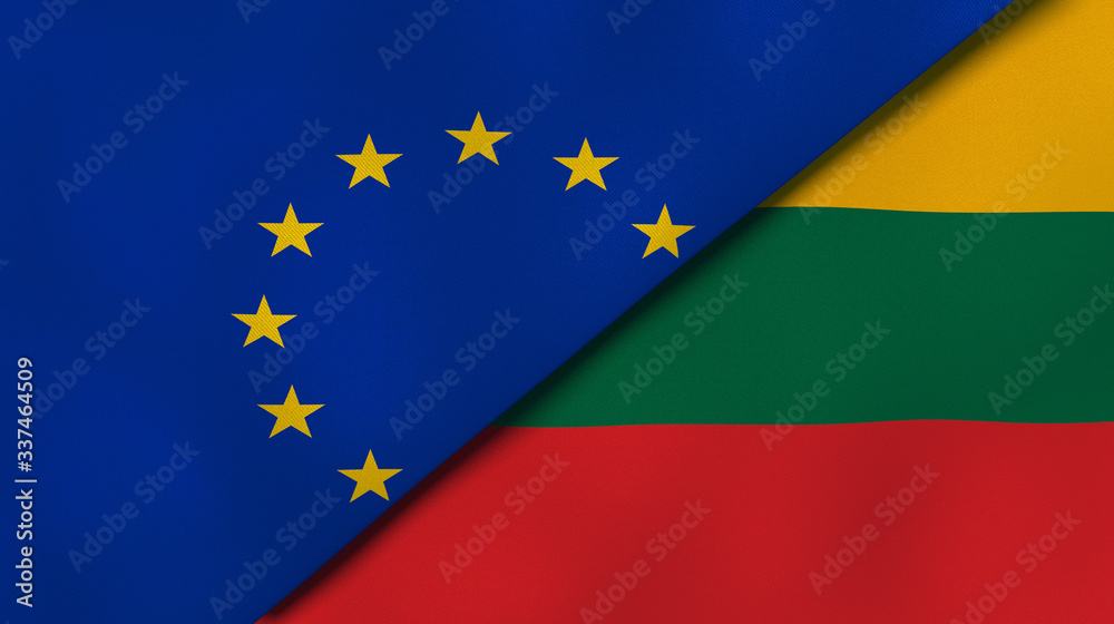 The flags of European Union and Lithuania. News, reportage, business background. 3d illustration The flags of European Union and Lithuania. News, reportage, business background. 3d illustration