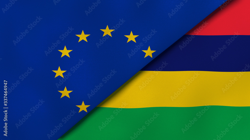 The flags of European Union and Mauritius. News, reportage, business background. 3d illustration