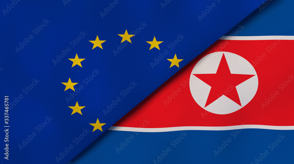 The flags of European Union and North Korea. News, reportage, business background. 3d illustration The flags of European Union and North Korea. News, reportage, business background. 3d illustration
