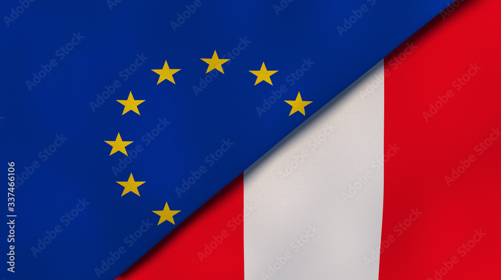 The flags of European Union and Peru. News, reportage, business background. 3d illustration The flags of European Union and Peru. News, reportage, business background. 3d illustration