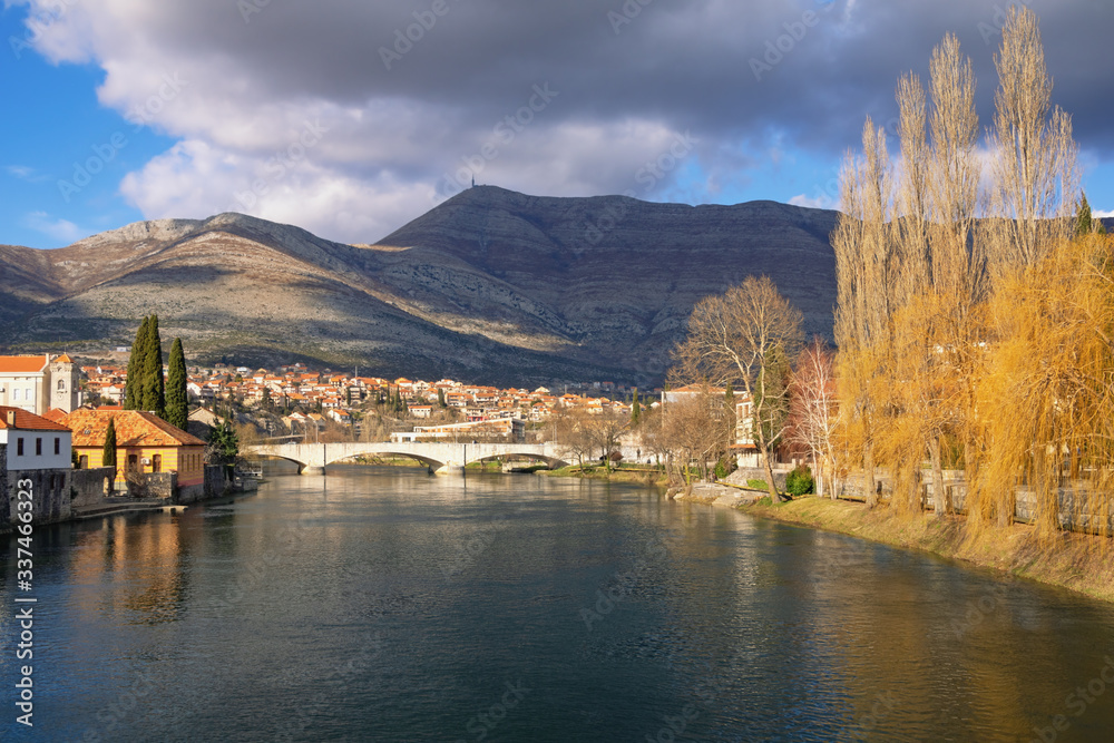 Beautiful panoramic view of Trebisnjica river and Trebinje city. Bosnia and Herzegovina, Republika Srpska